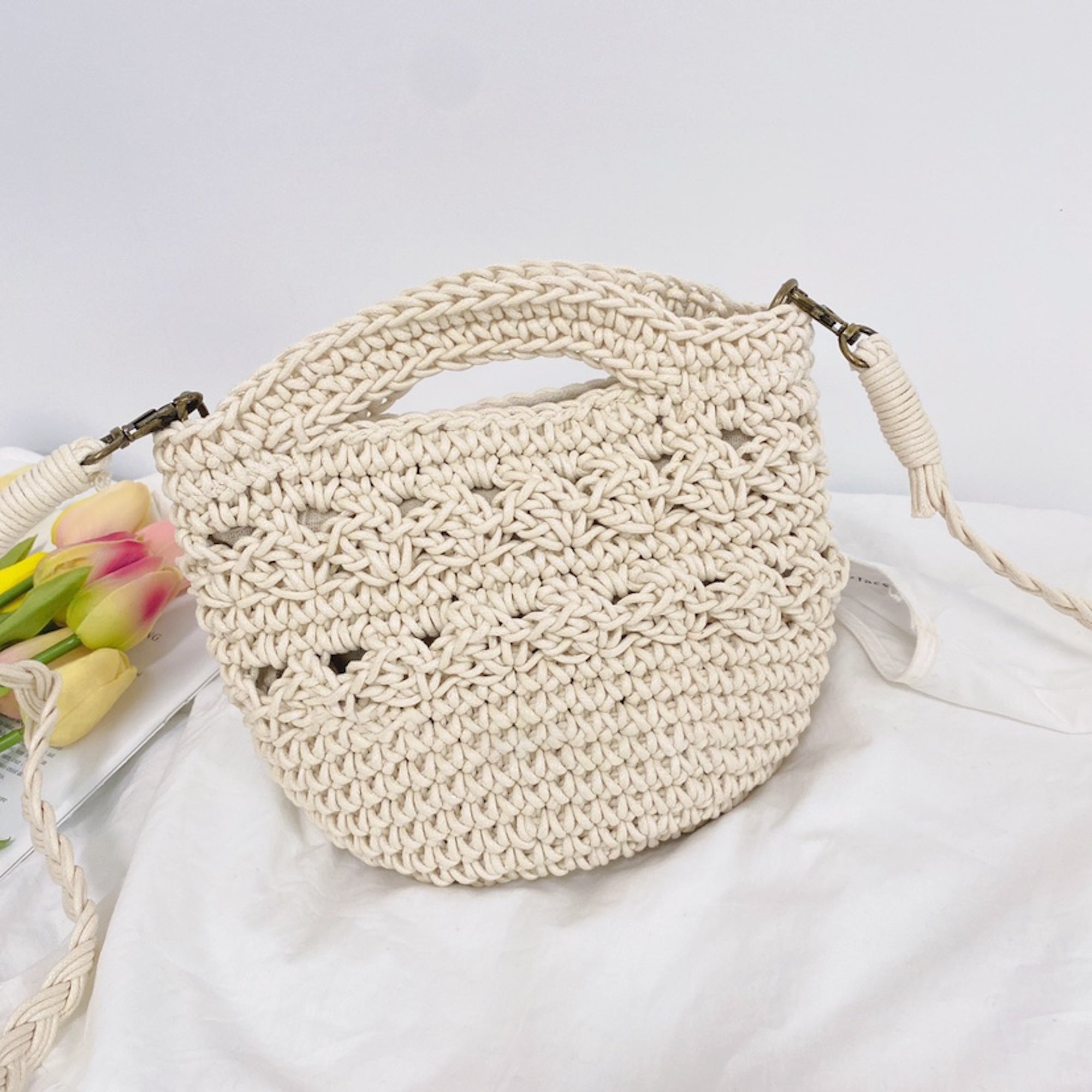 Buy Online High Quality, Unique Handmade Retro Crochet Shoulder Crossbody Bag, Minimalistic Basket Design, Small Size, Handmade Woven Cotton Twine - Elena Handbags