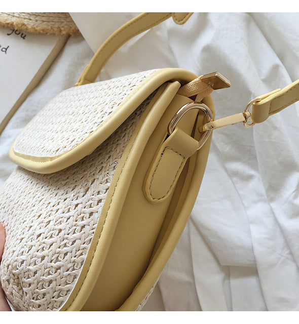 Buy Online High Quality, Unique Handmade Straw Woven Saddle Flap Bag with Leather Trims - Elena Handbags
