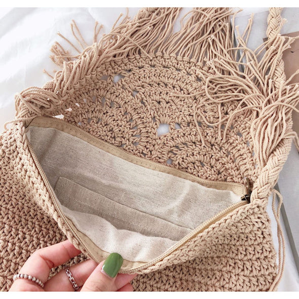 Buy Online High Quality, Unique Handmade Bohemian Tassel Beach Bag, Women Crochet Fringed Crossbody Bag, Hand Knitted Boho Shoulder Bag - Elena Handbags