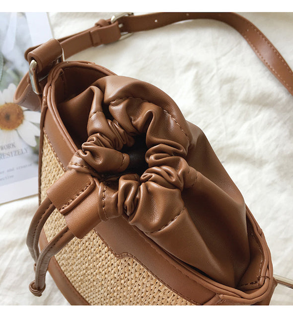 Buy Online High Quality, Unique Handmade Leather and Straw Bucket Purse, Summer Handbag, ins Style Women's Bag - Elena Handbags