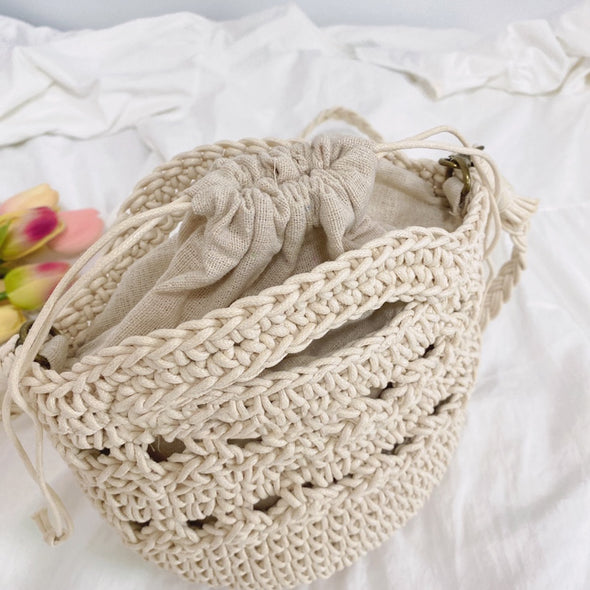 Buy Online High Quality, Unique Handmade Retro Crochet Shoulder Crossbody Bag, Minimalistic Basket Design, Small Size, Handmade Woven Cotton Twine - Elena Handbags