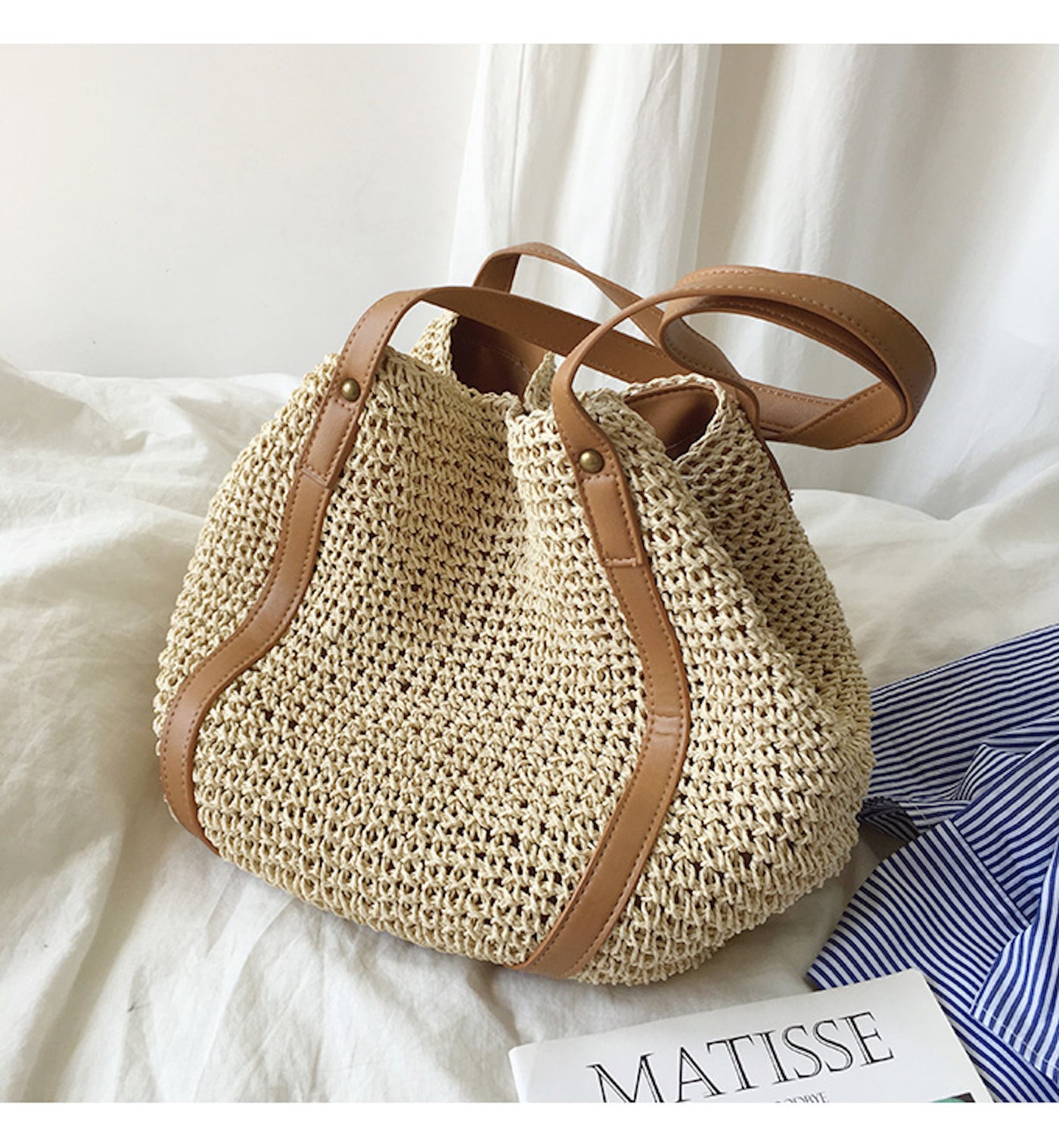 Elena Handbags Straw Woven Bucket Bag