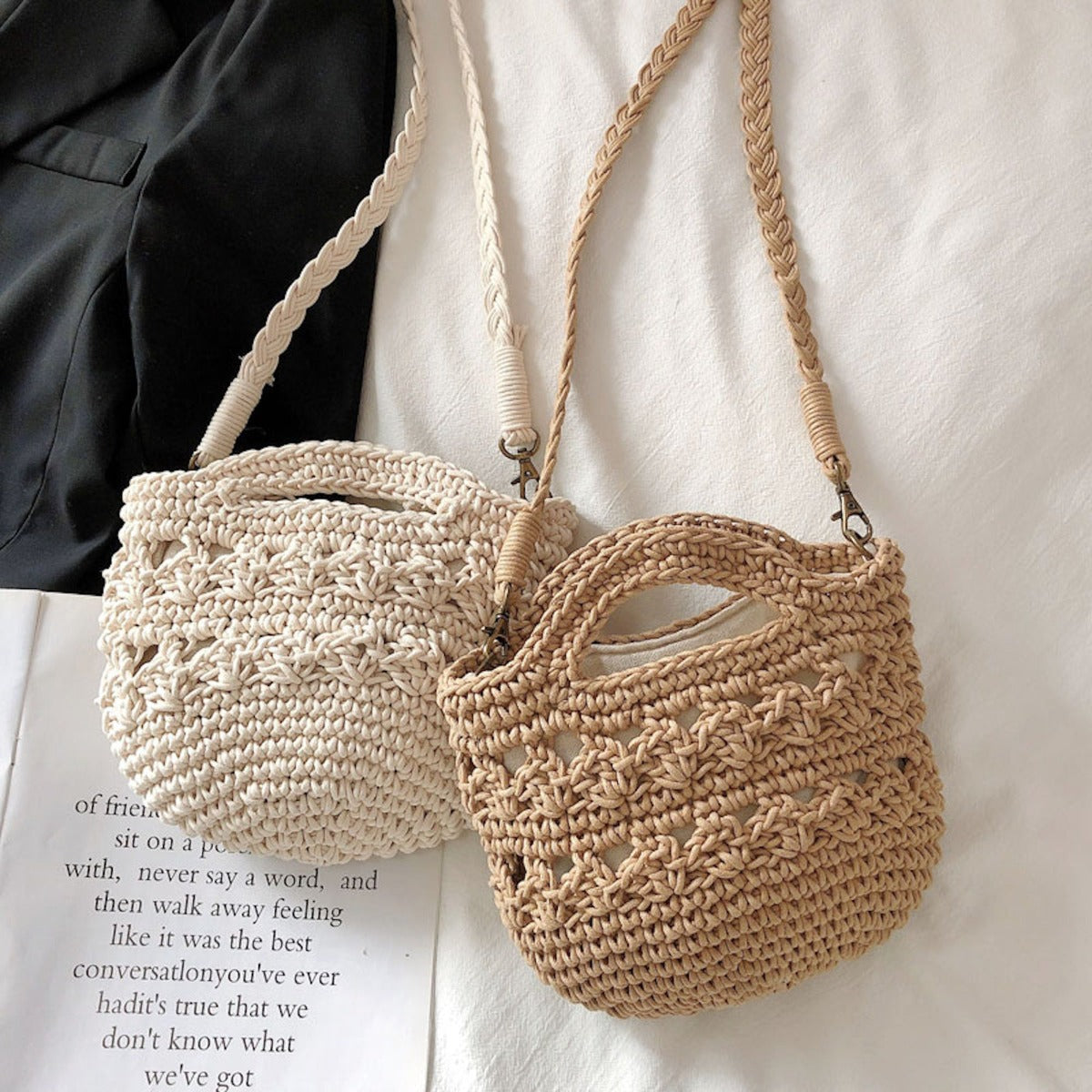 Buy Online High Quality, Unique Handmade Retro Crochet Shoulder Crossbody Bag, Minimalistic Basket Design, Small Size, Handmade Woven Cotton Twine - Elena Handbags