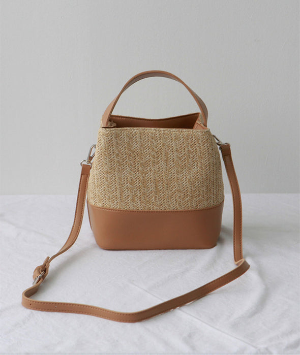 Buy Online Elena Handbags Straw Woven Bucket Bag with Leather Accent