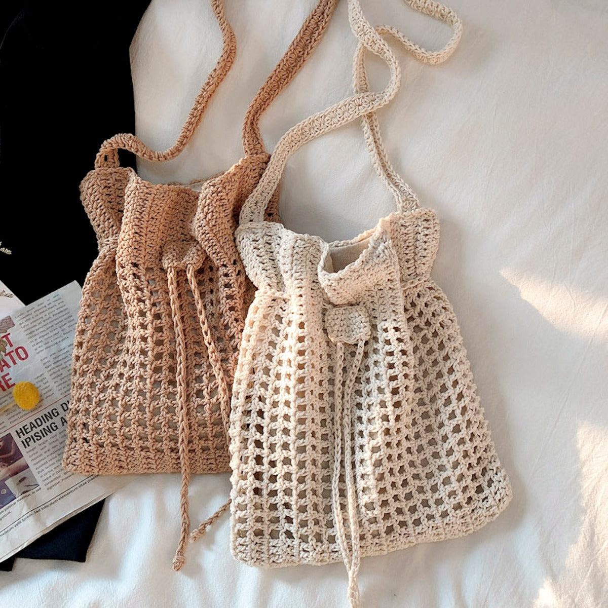 Buy Online High Quality, Unique Handmade Retro Artsy Cotton Knitted Shoulder Bag, Handmade Crochet Crossbody Bag, Fashion Casual Bag, Gift for Her, Women's Woven Drawstring Bag - Elena Handba
