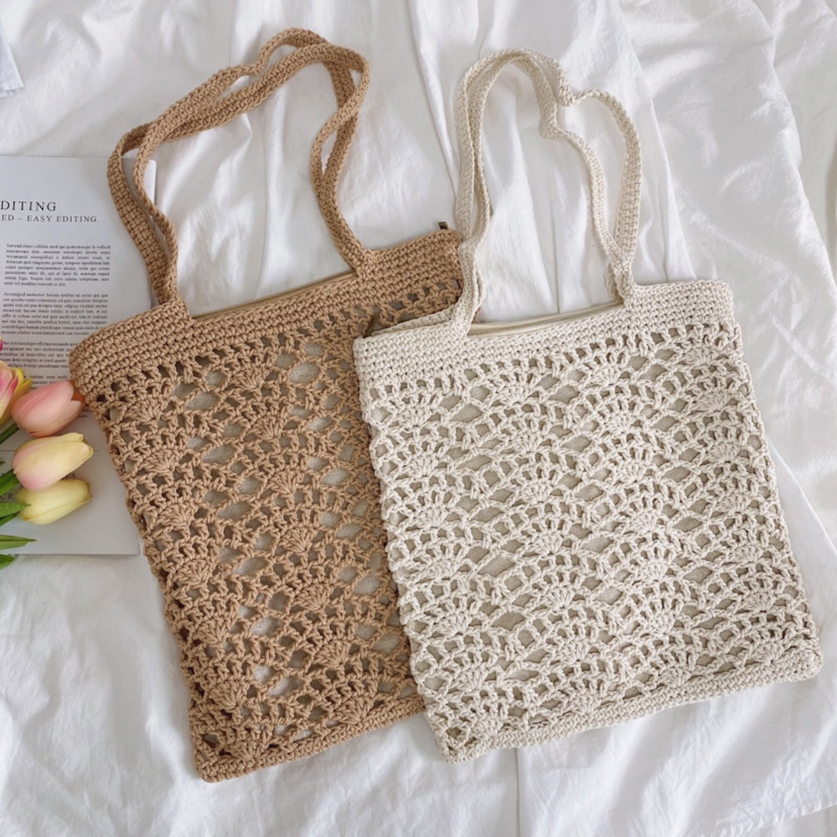 Crochet Medium Cotton Knitted Top Handle Bag with Floral Design