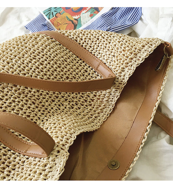 Buy Online High Quality, Unique Handmade Large Straw Woven Tote Bag with Leather Accents, Summer Bag, Everyday Shoulder Bag, Beach Bag - Elena Handbags