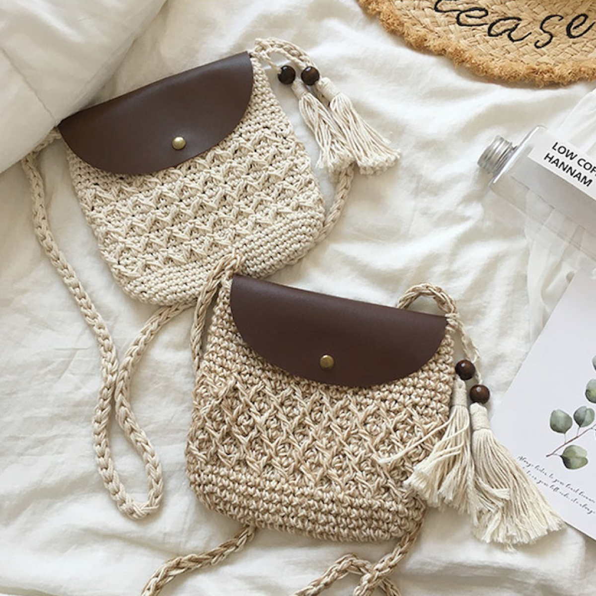 Crochet Crossbody Messenger Bag with Leather Flap