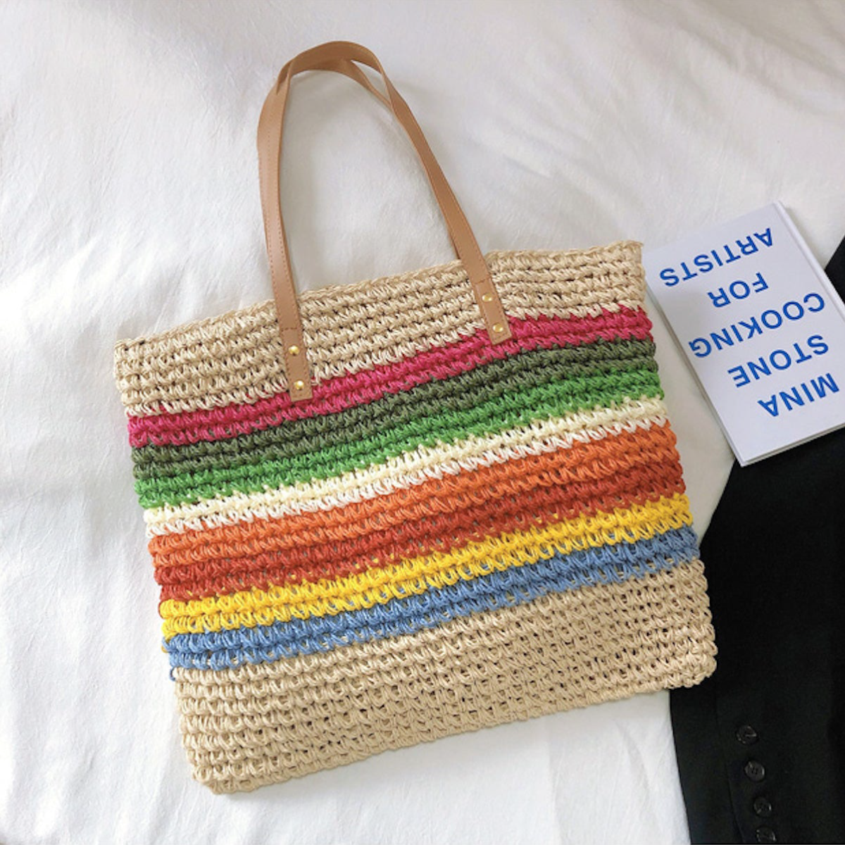 Large Rainbow Straw Tote
