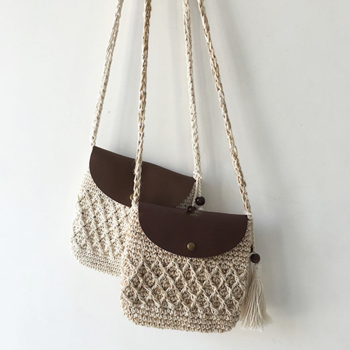 Crochet Crossbody Messenger Bag with Leather Flap