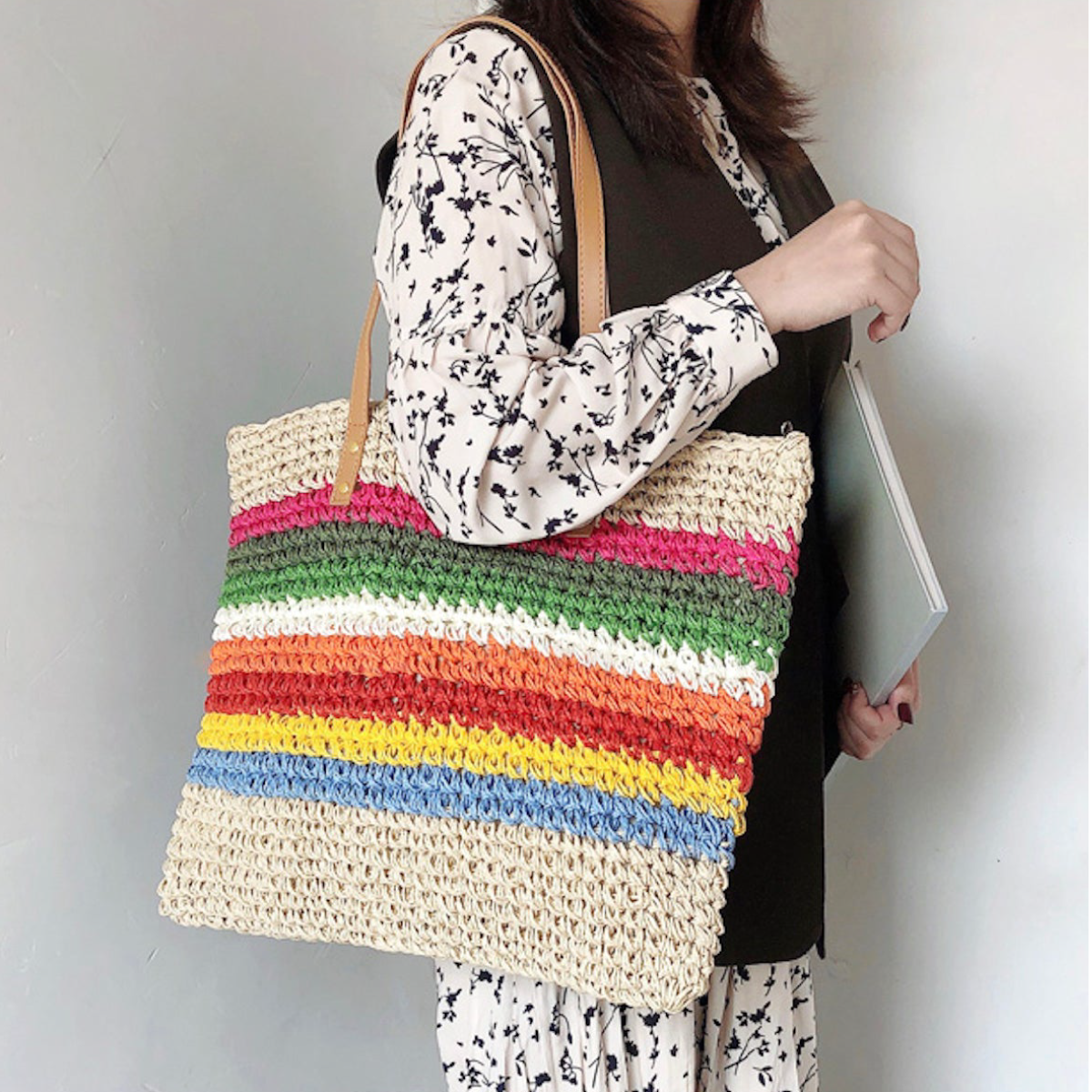 Elena Handbags Large Rainbow Straw Tote