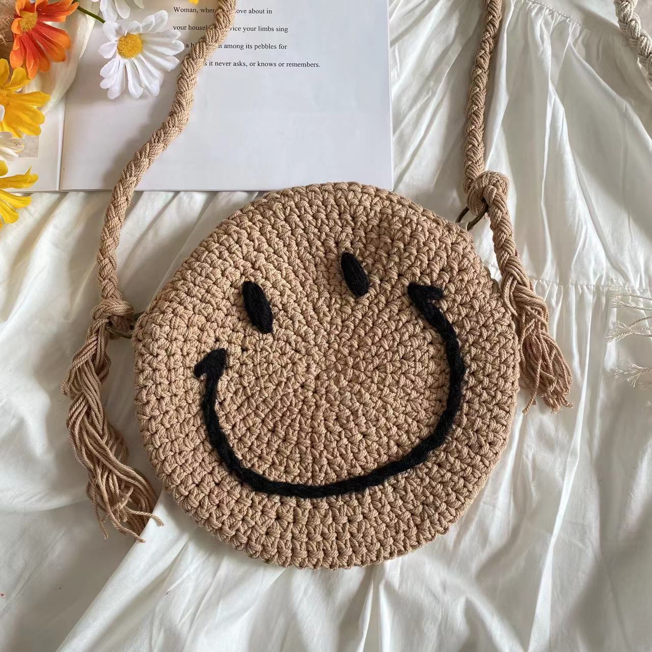 Elena Handbags Crochet Smiley Face Round Bag White