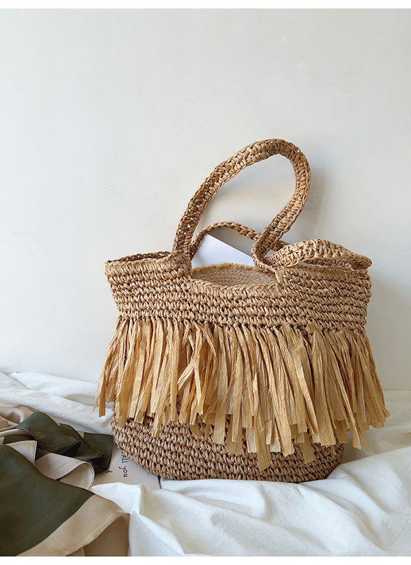 Elena Handbags Large Straw Woven Tote Bag with Tassels