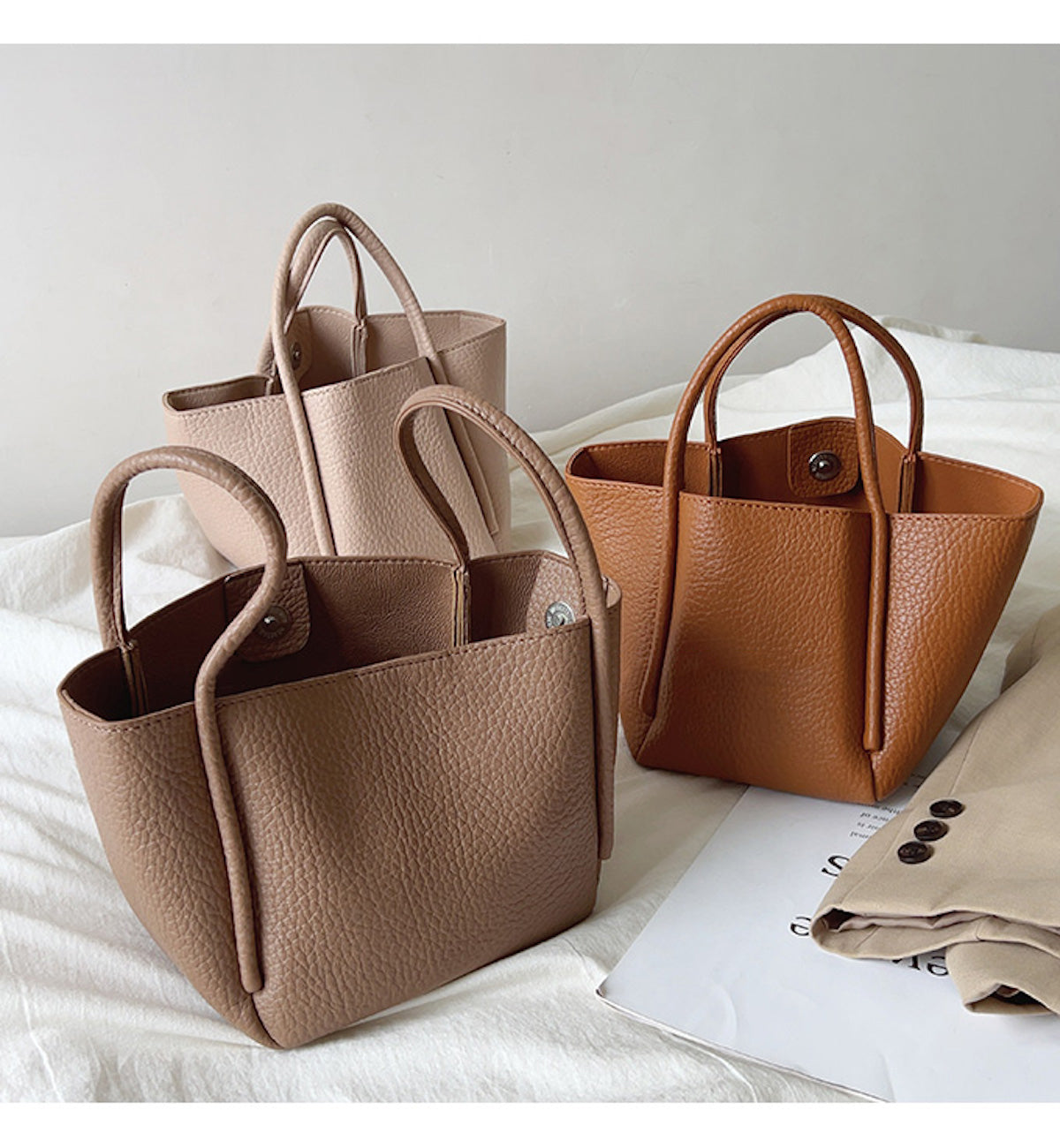 Elena Handbags Soft Leather Tote Bucket Bag Light Brown