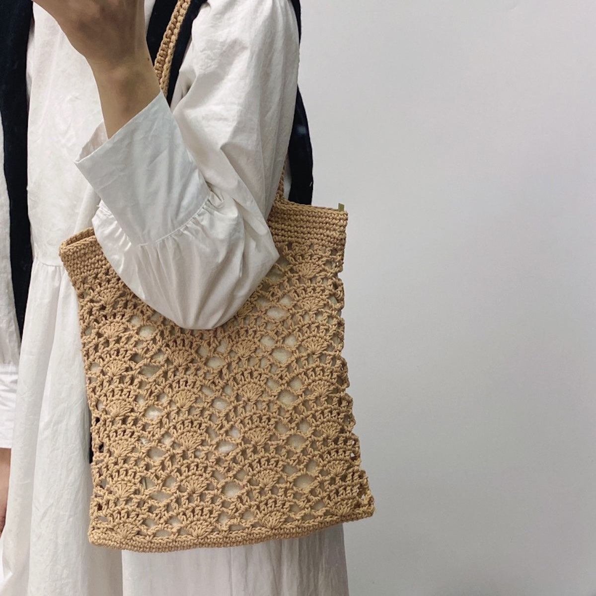 Crochet Medium Cotton Knitted Top Handle Bag with Floral Design