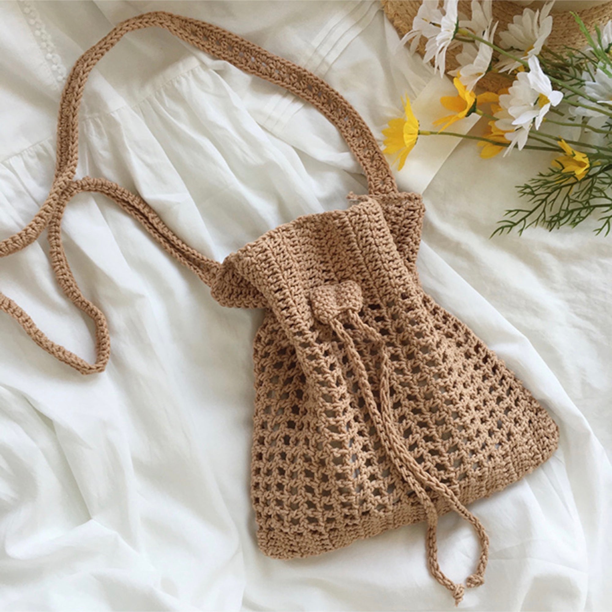 Buy Online High Quality, Unique Handmade Retro Artsy Cotton Knitted Shoulder Bag, Handmade Crochet Crossbody Bag, Fashion Casual Bag, Gift for Her, Women's Woven Drawstring Bag - Elena Handba