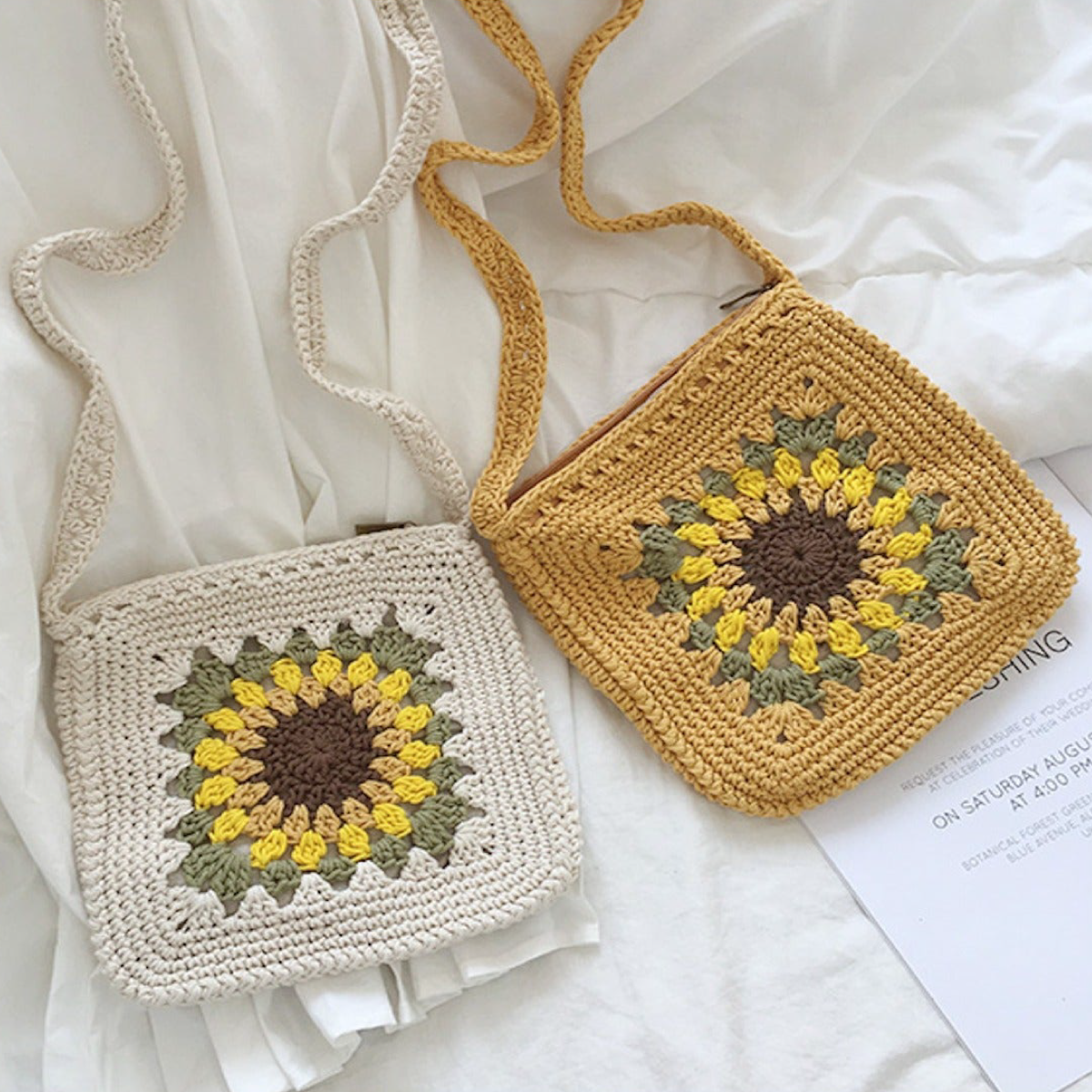 Green Sunflower Crochet Square Crossbody Bag