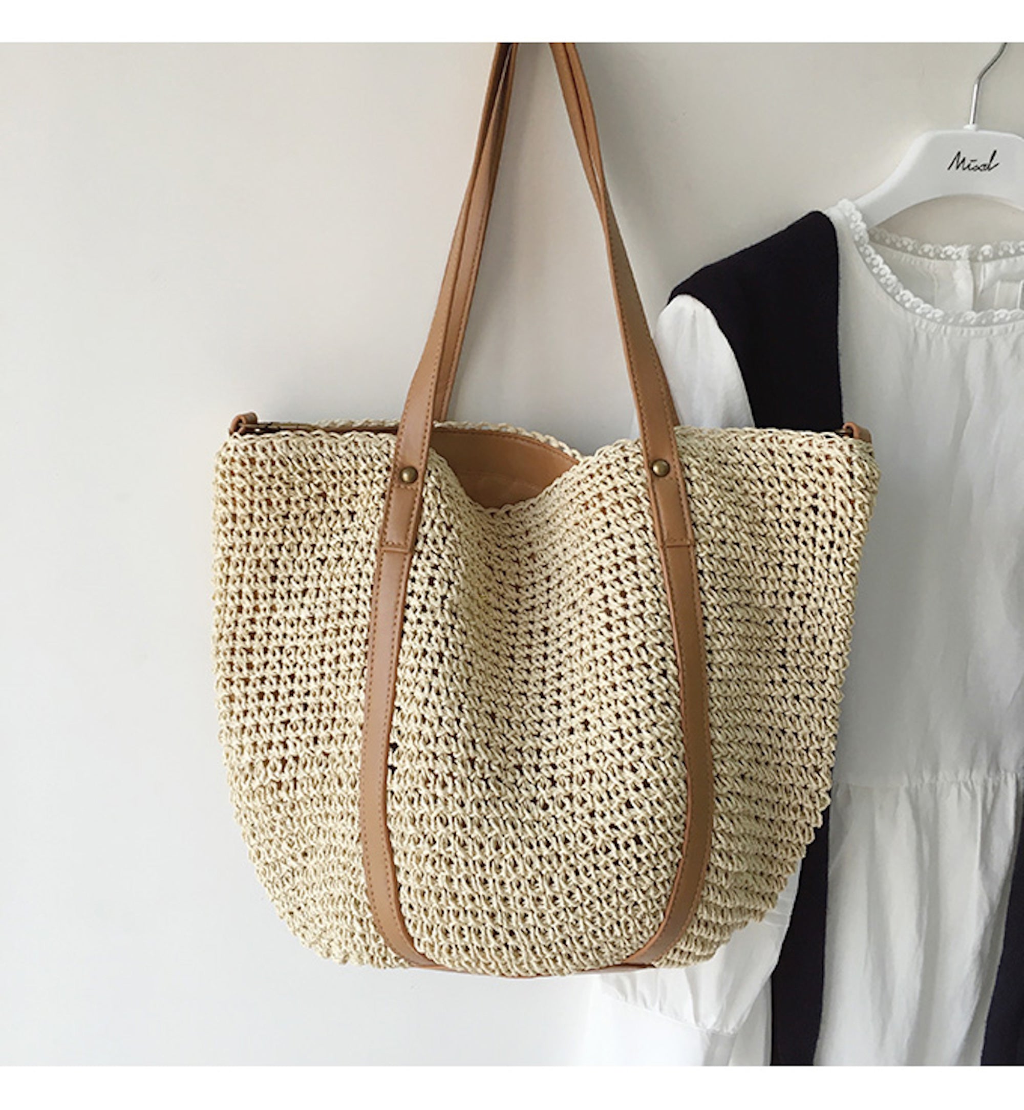 Buy Online High Quality, Unique Handmade Large Straw Woven Tote Bag with Leather Accents, Summer Bag, Everyday Shoulder Bag, Beach Bag - Elena Handbags