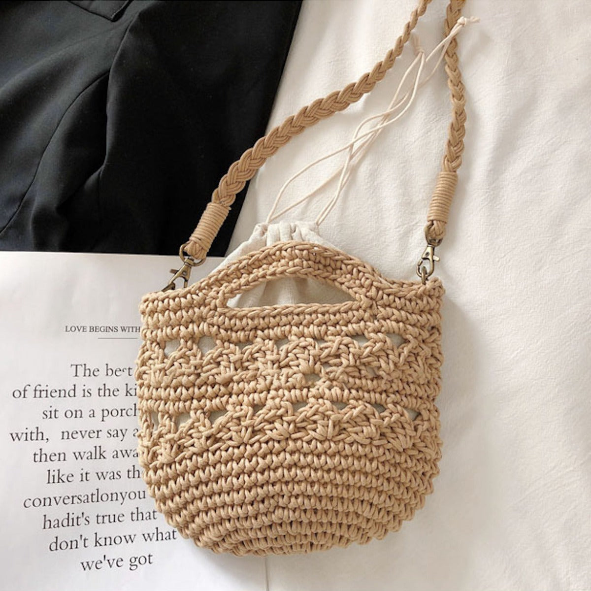 Buy Online High Quality, Unique Handmade Retro Crochet Shoulder Crossbody Bag, Minimalistic Basket Design, Small Size, Handmade Woven Cotton Twine - Elena Handbags