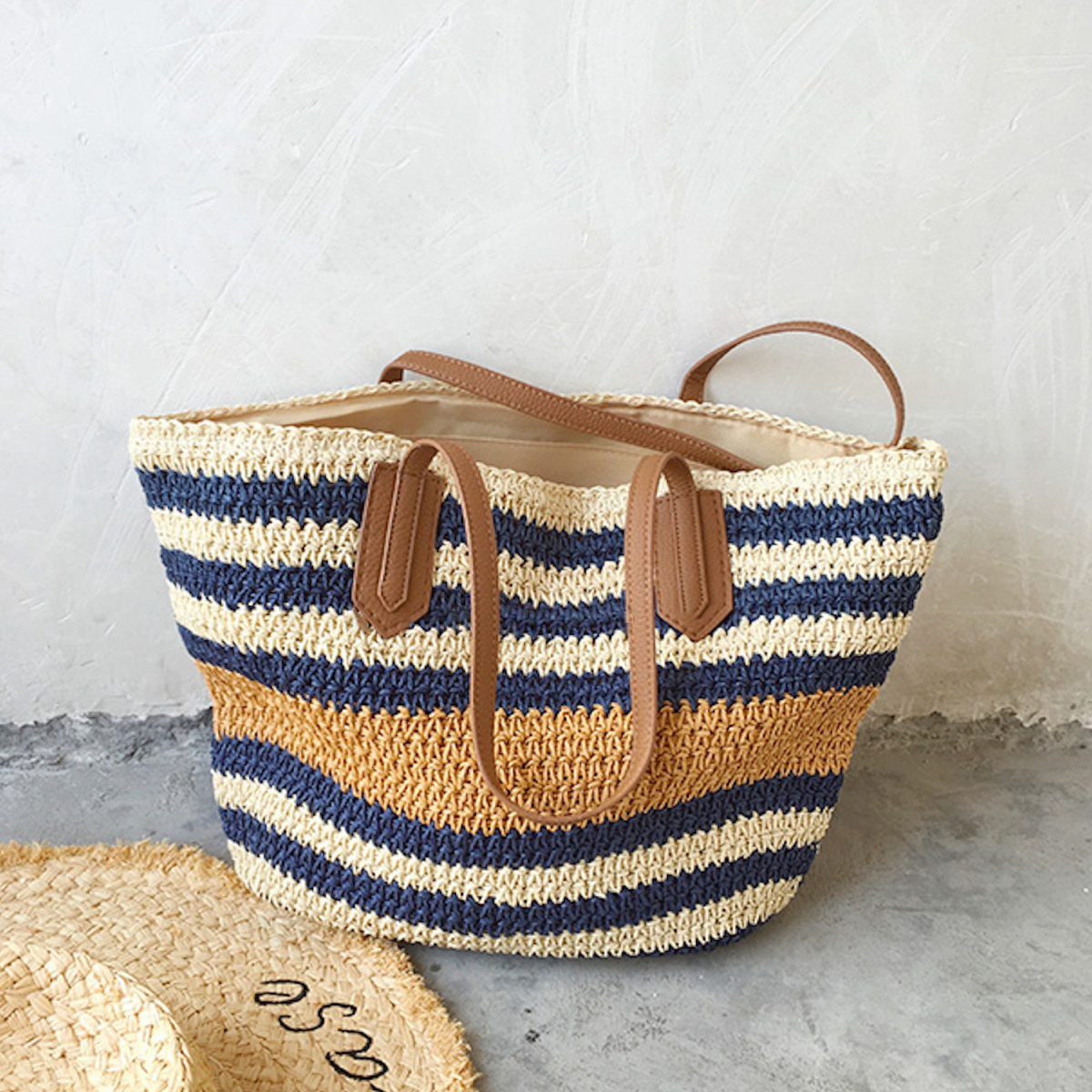 Large Striped Straw Woven Tote Bag