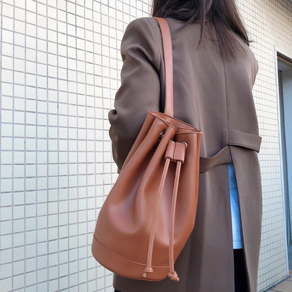 Elena Handbags Leather Bucket Bag with Drawstring