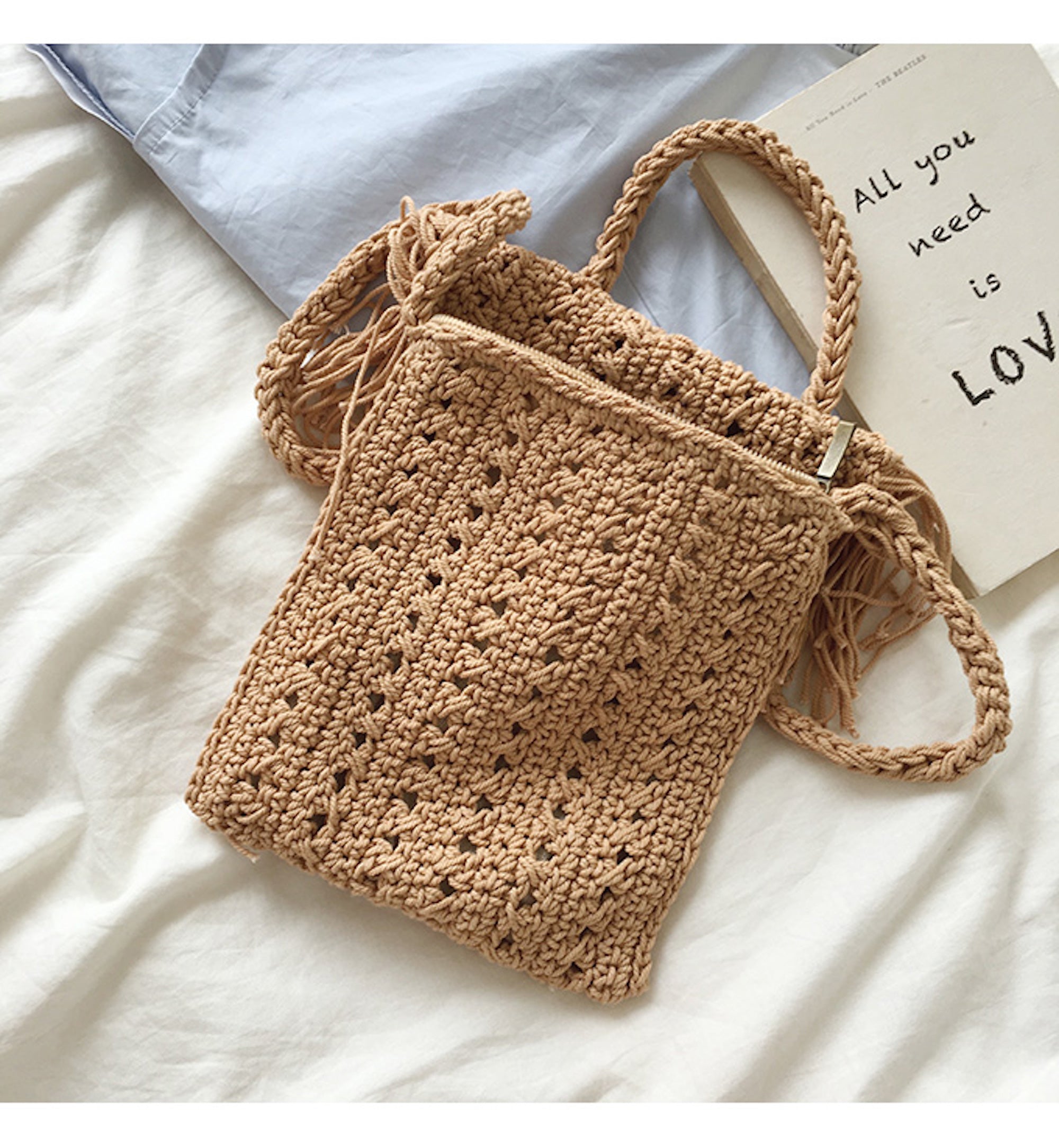 Buy Online High Quality, Unique Handmade Small Boho Beach Bag with Tassels, Women Crochet Fringed Crossbody Bag, Hand Knitted Boho Shoulder Bag - Elena Handbags