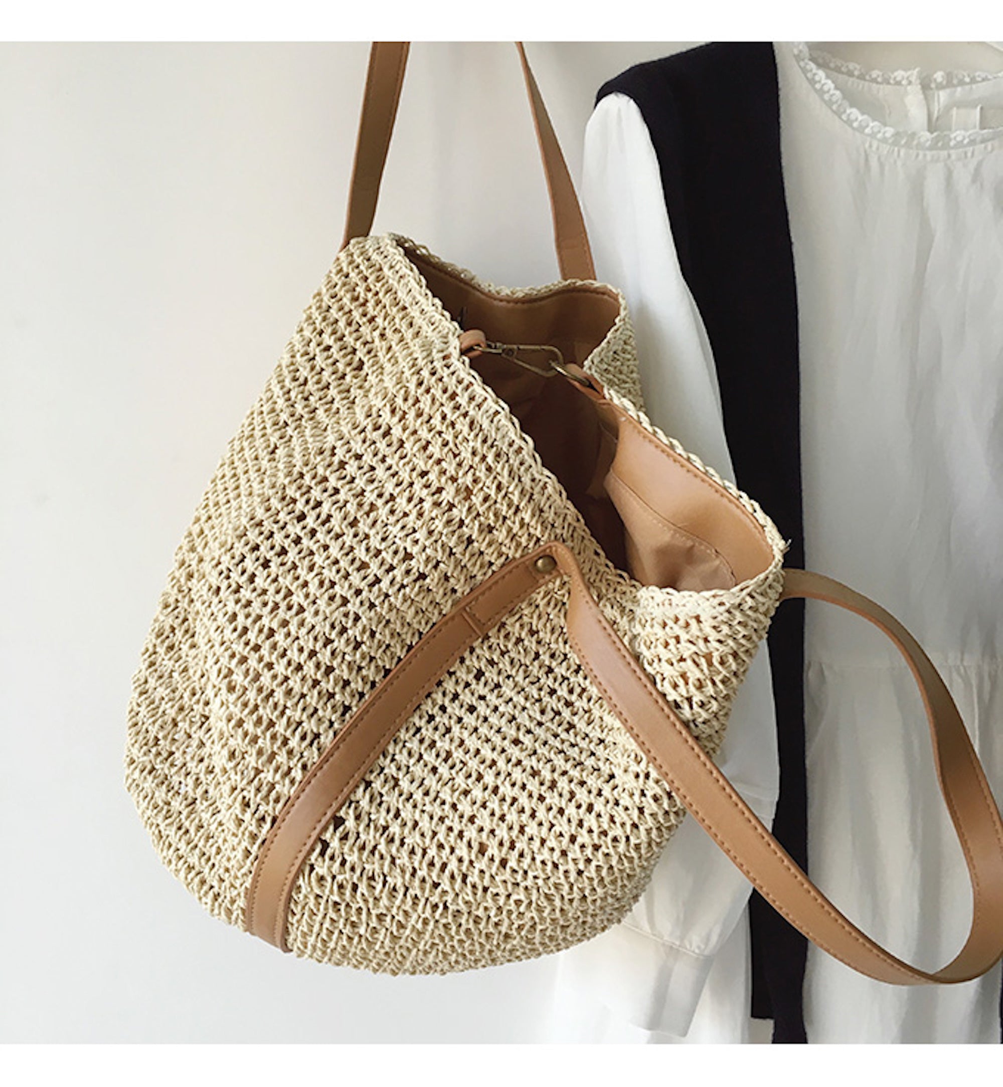 Buy Online High Quality, Unique Handmade Large Straw Woven Tote Bag with Leather Accents, Summer Bag, Everyday Shoulder Bag, Beach Bag - Elena Handbags