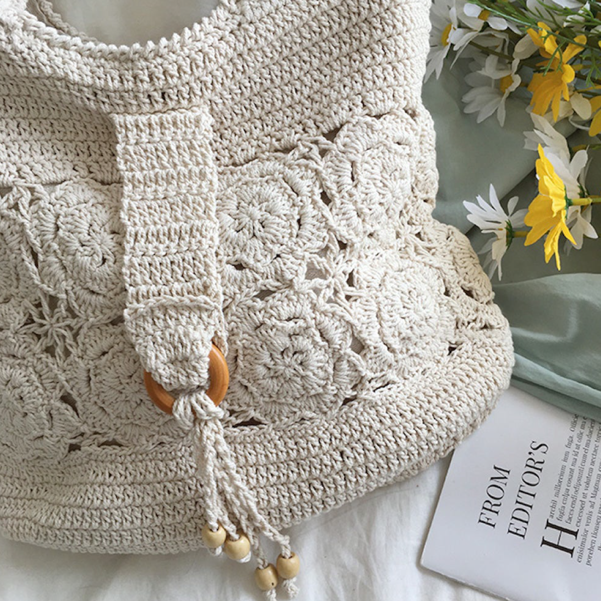 Floral Cotton Knitted Shoulder Bag