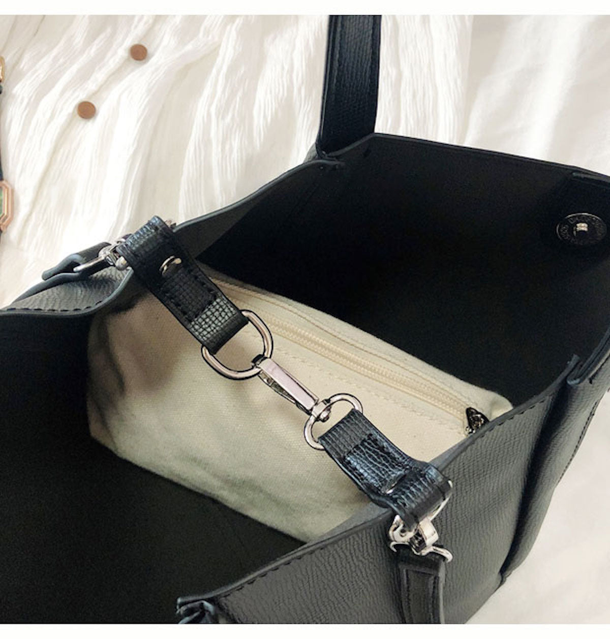 Buy Online Leather Bucket Bag with Shoulder Strap and Inner Pouch