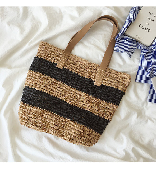 Buy Online High Quality, Unique Handmade Striped Straw Woven Tote Bag, Retro Vibes, Summer Bag, Everyday Shoulder Bag, Beach Bag - Elena Handbags