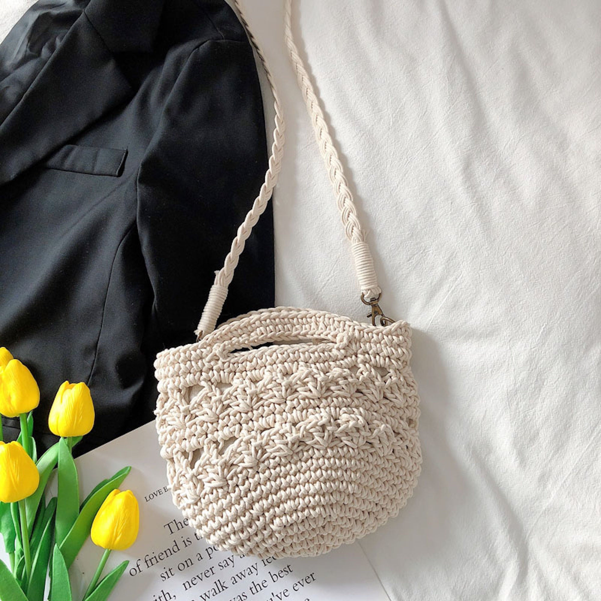 Buy Online High Quality, Unique Handmade Retro Crochet Shoulder Crossbody Bag, Minimalistic Basket Design, Small Size, Handmade Woven Cotton Twine - Elena Handbags