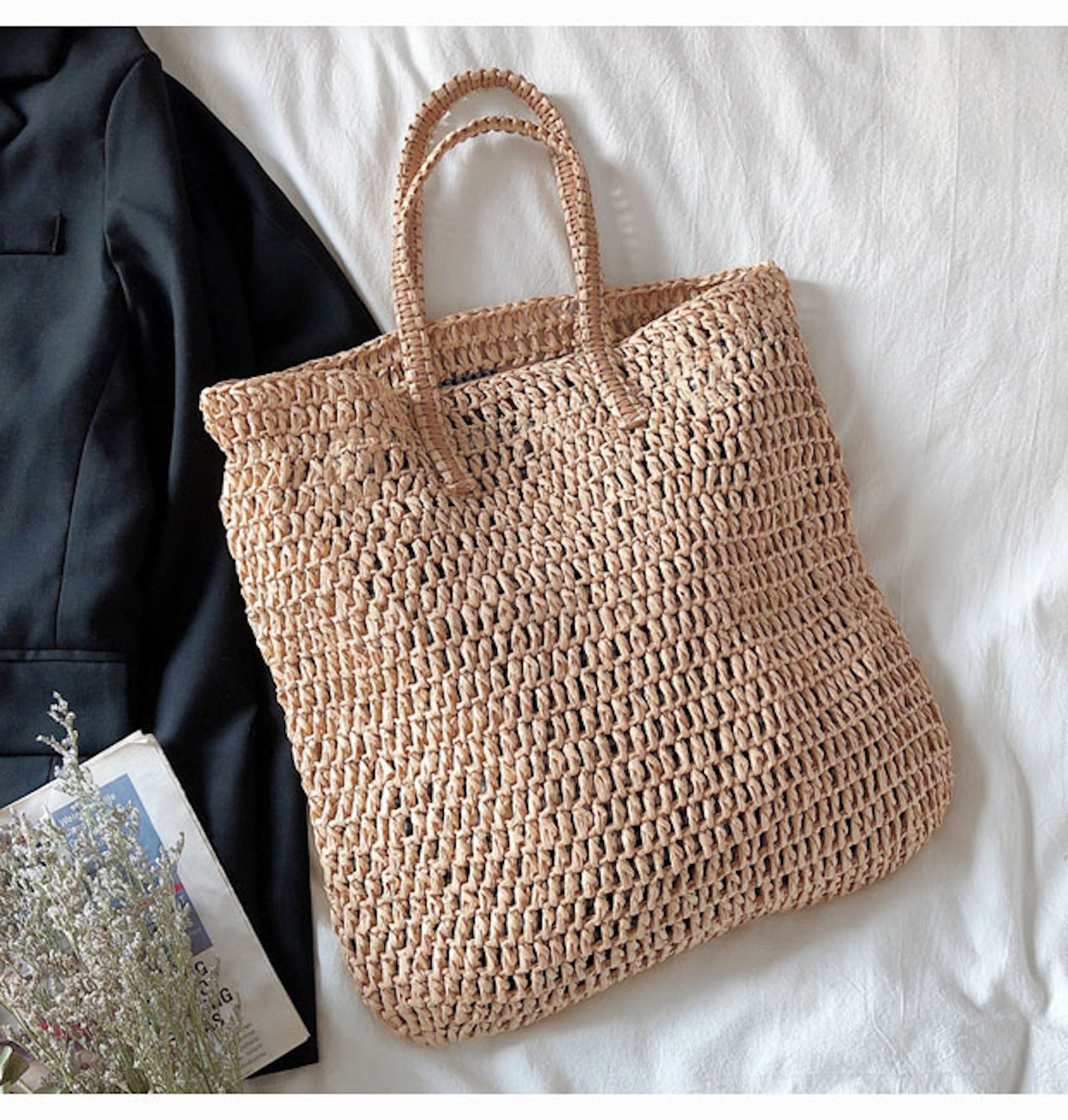 Buy Online High Quality, Unique Handmade Minimalistic Straw Woven Tote Bag with Leather Straps, Vintage Vibes, Shoulder Bag, Retro Bag, Beach Bag - Elena Handbags