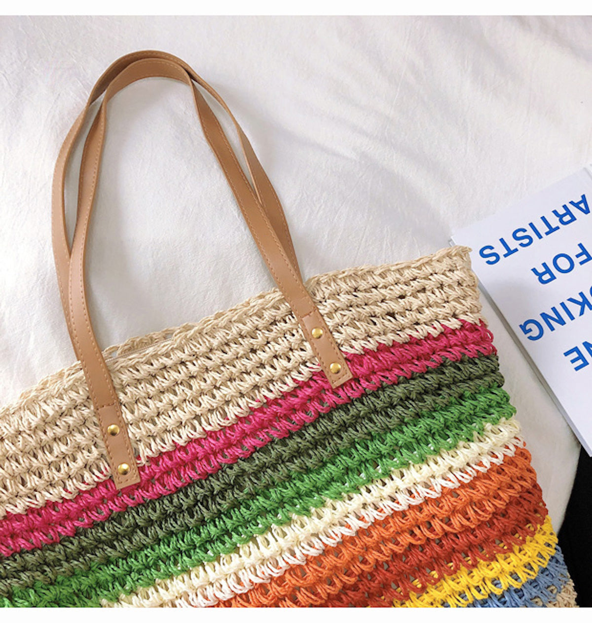 Buy Online Large Rainbow Straw Tote with Leather Strap and Zipper