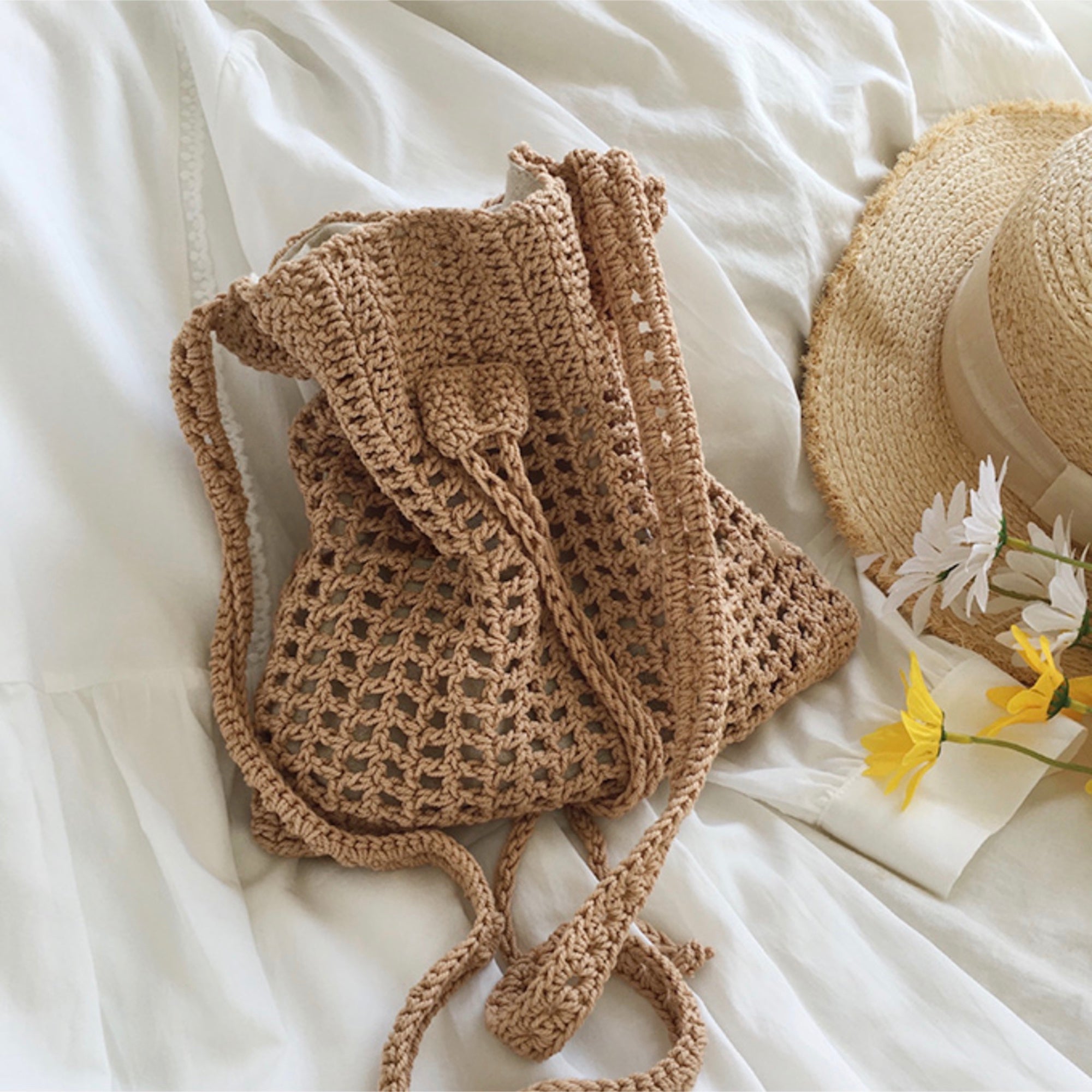 Buy Online High Quality, Unique Handmade Retro Artsy Cotton Knitted Shoulder Bag, Handmade Crochet Crossbody Bag, Fashion Casual Bag, Gift for Her, Women's Woven Drawstring Bag - Elena Handba