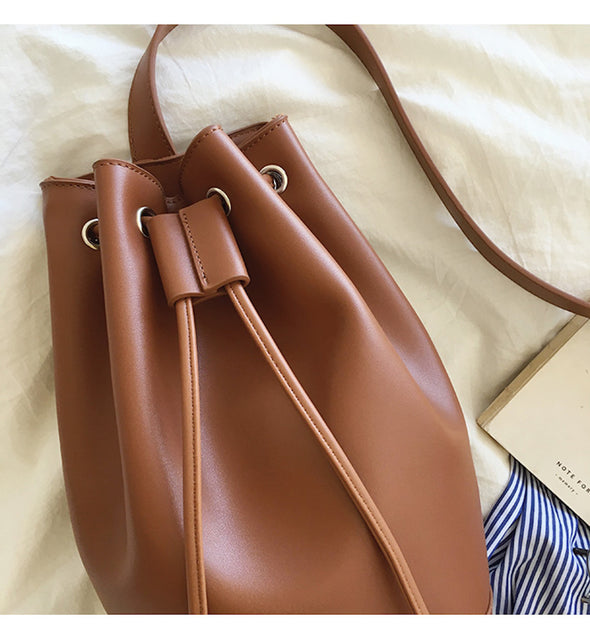 Buy Online Leather Bucket Bag with Drawstring, Women's Everyday Shoulder Bag