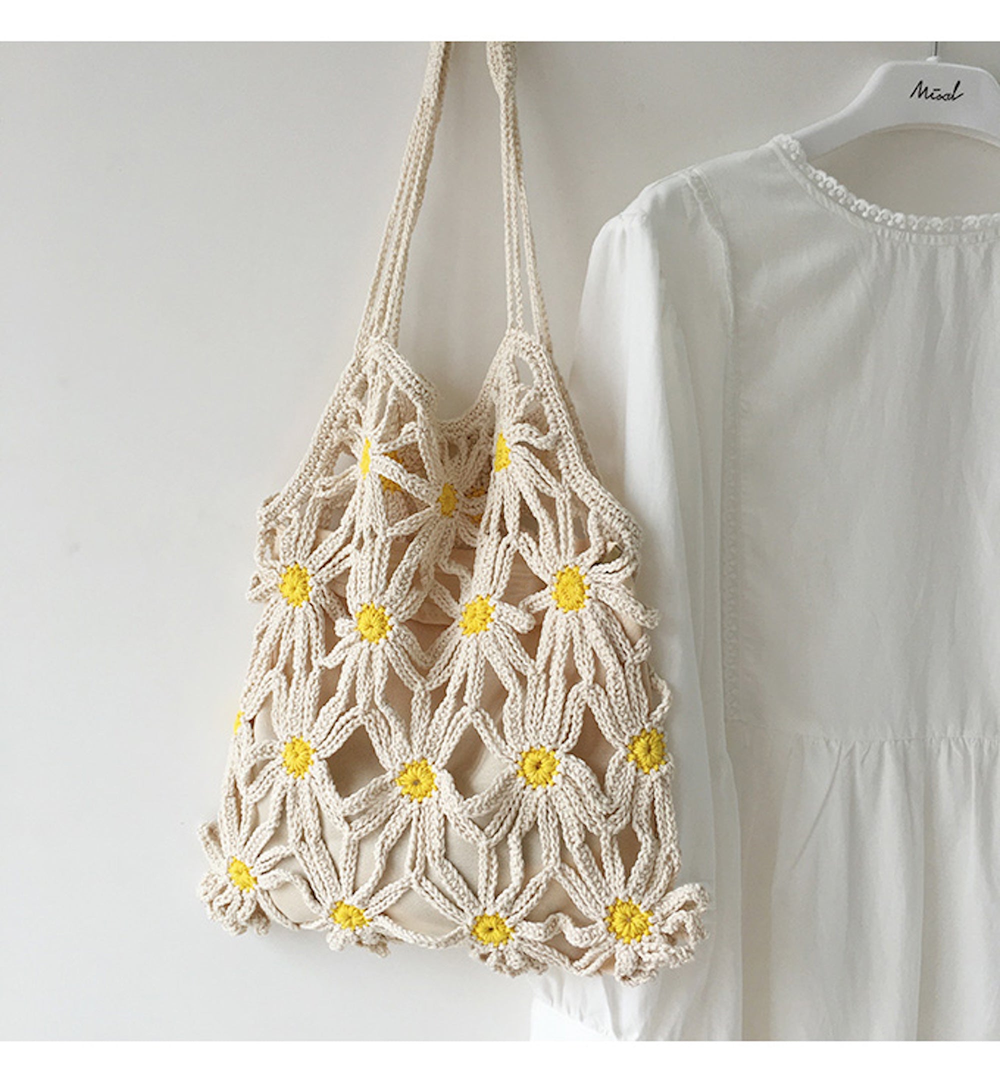 Buy Online High Quality, Unique Handmade Retro Daisy Cotton Knitted Shoulder Bag, Hand Woven, Fashion Casual Bag, Gift for Her, Women's Woven Bag - Elena Handbags