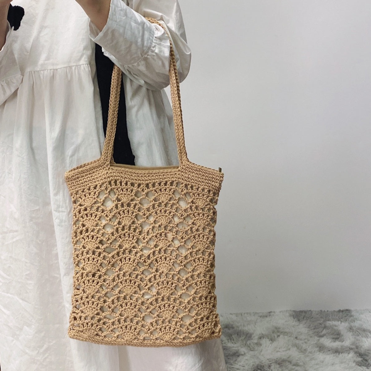 Crochet Medium Cotton Knitted Top Handle Bag with Floral Design