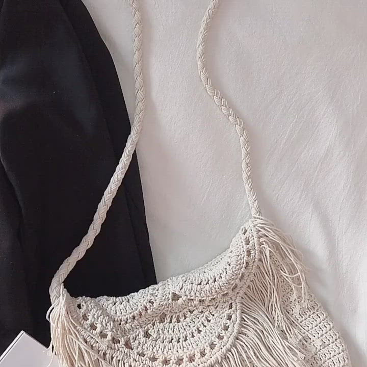 Bohemian Tassel Beach Bag, Women Crochet Fringed Crossbody Bag, Hand Knitted Boho Shoulder Bag