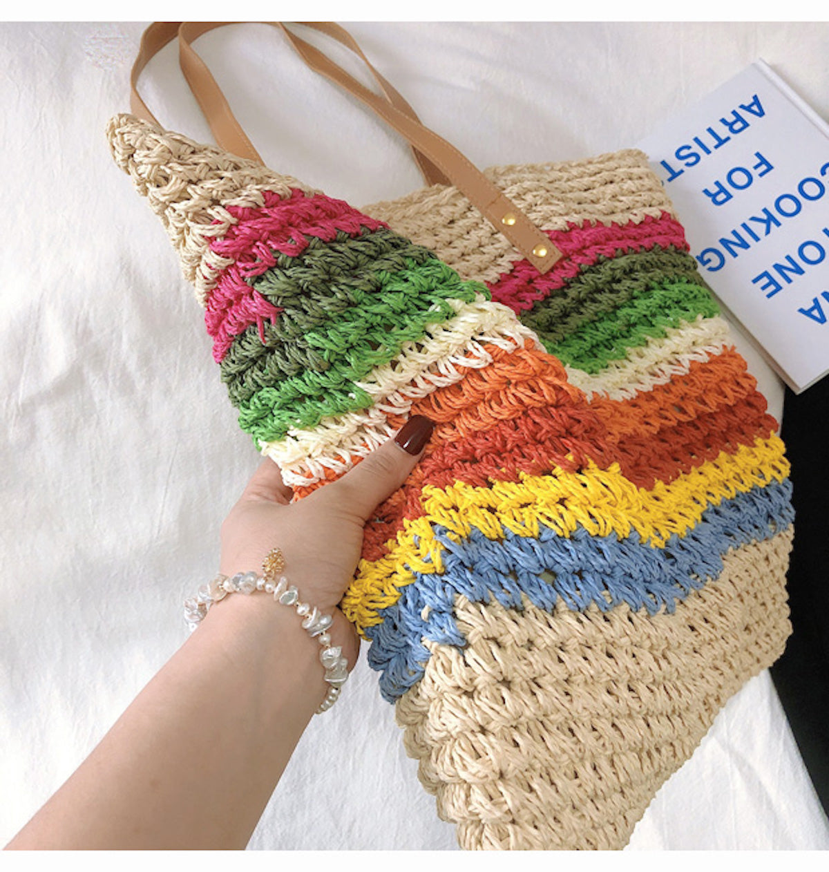 Buy Online Large Rainbow Straw Tote with Leather Strap and Zipper