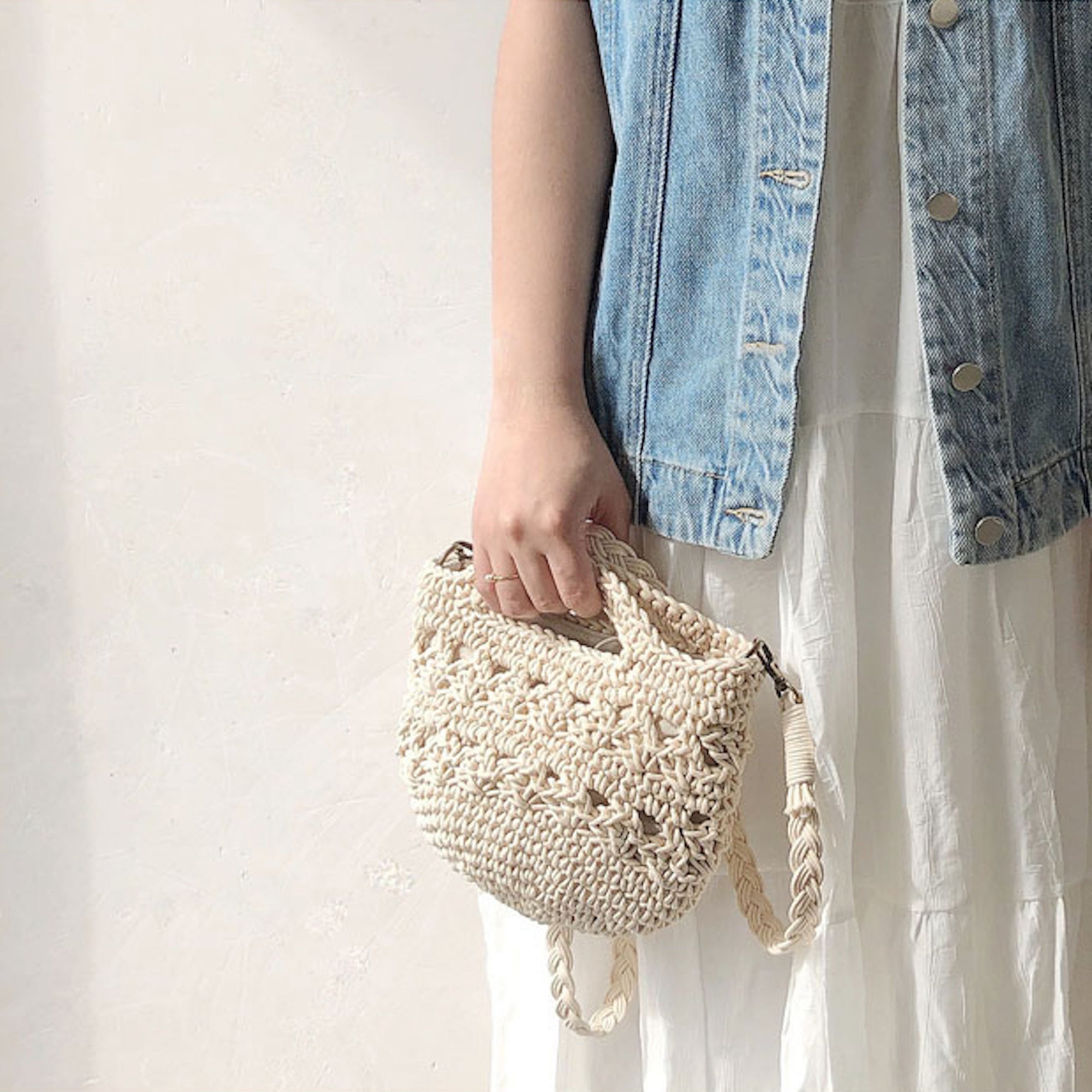 Buy Online High Quality, Unique Handmade Retro Crochet Shoulder Crossbody Bag, Minimalistic Basket Design, Small Size, Handmade Woven Cotton Twine - Elena Handbags