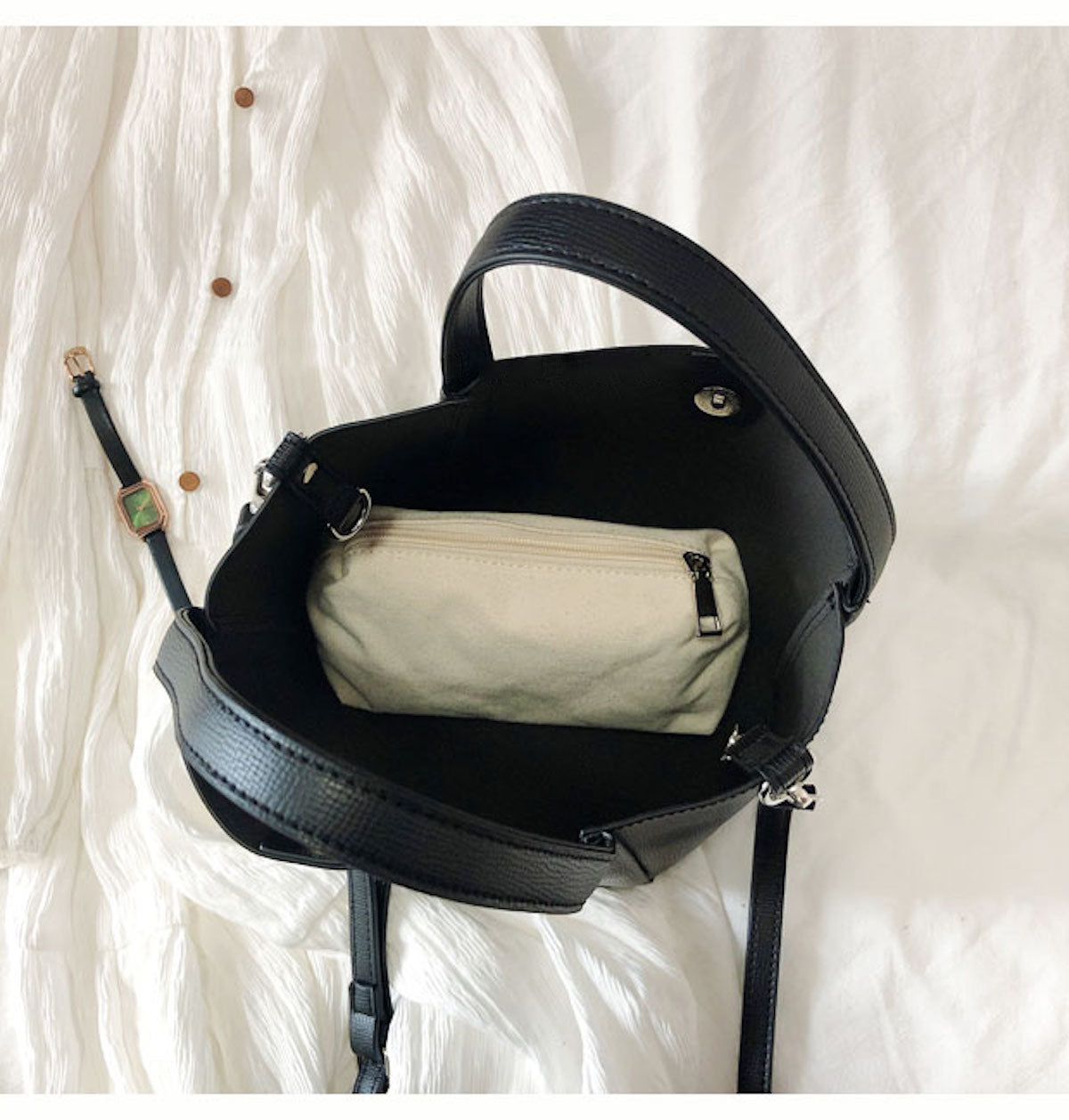 Buy Online Leather Bucket Bag with Shoulder Strap and Inner Pouch