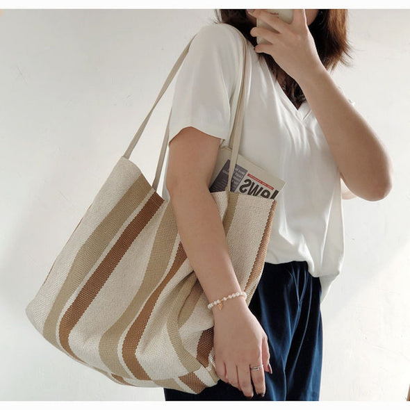 Buy Online High Quality, Unique Handmade Canvas Striped Bag, Fashion Shoulder Bag, Striped Canvas Tote, Work Handbag, Large Shopping Bag - Elena Handbags