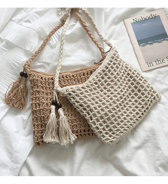 Elena Handbags Retro Cotton Crochet Shoulder Bag with Tassels