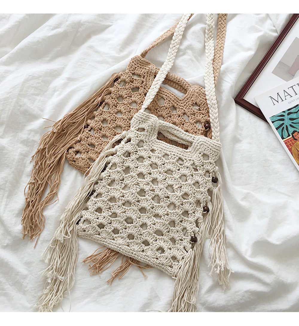 Buy Online High Quality, Unique Handmade Retro Cotton Crochet Shoulder Bag with Tassels, Hand Woven, Fashion Casual Bag, Gift for Her, Women's Woven Bag - Elena Handbags