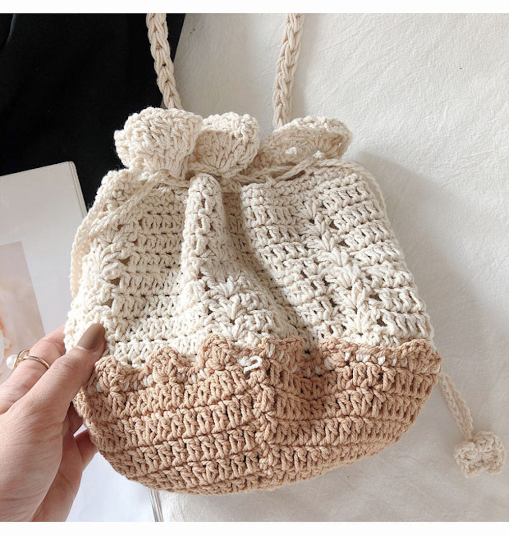 Buy Online High Quality, Unique Handmade Retro Cotton Drawstring Shoulder Bag, Hand Crochet Woven Purse, Fashion Casual Bag, Crossbody Bag Women's Purse Shoulder Bag - Elena Handbags