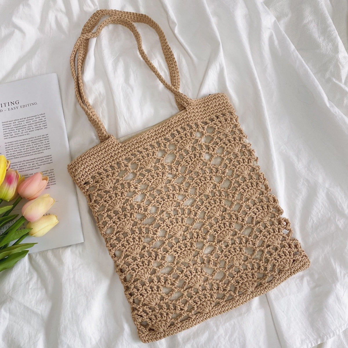 Crochet Medium Cotton Knitted Top Handle Bag with Floral Design