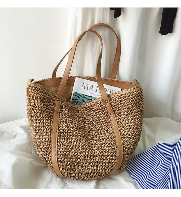 Buy Online High Quality, Unique Handmade Large Straw Woven Tote Bag with Leather Accents, Summer Bag, Everyday Shoulder Bag, Beach Bag - Elena Handbags