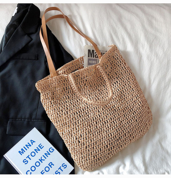 Buy Online High Quality, Unique Handmade Minimalistic Straw Woven Tote Bag with Leather Straps, Vintage Vibes, Shoulder Bag, Retro Bag, Beach Bag - Elena Handbags