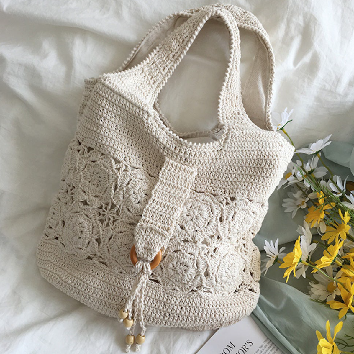 Floral Cotton Knitted Shoulder Bag