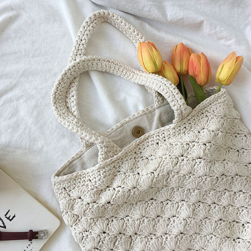 Cotton Knit Shoulder Bag with Diagonal Textured Rows